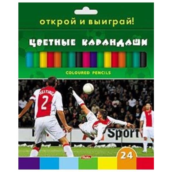 Карандаши цветные Hatber 24 цв.-Футбол- с заточ.   в карт.короб. с европодвесом , 